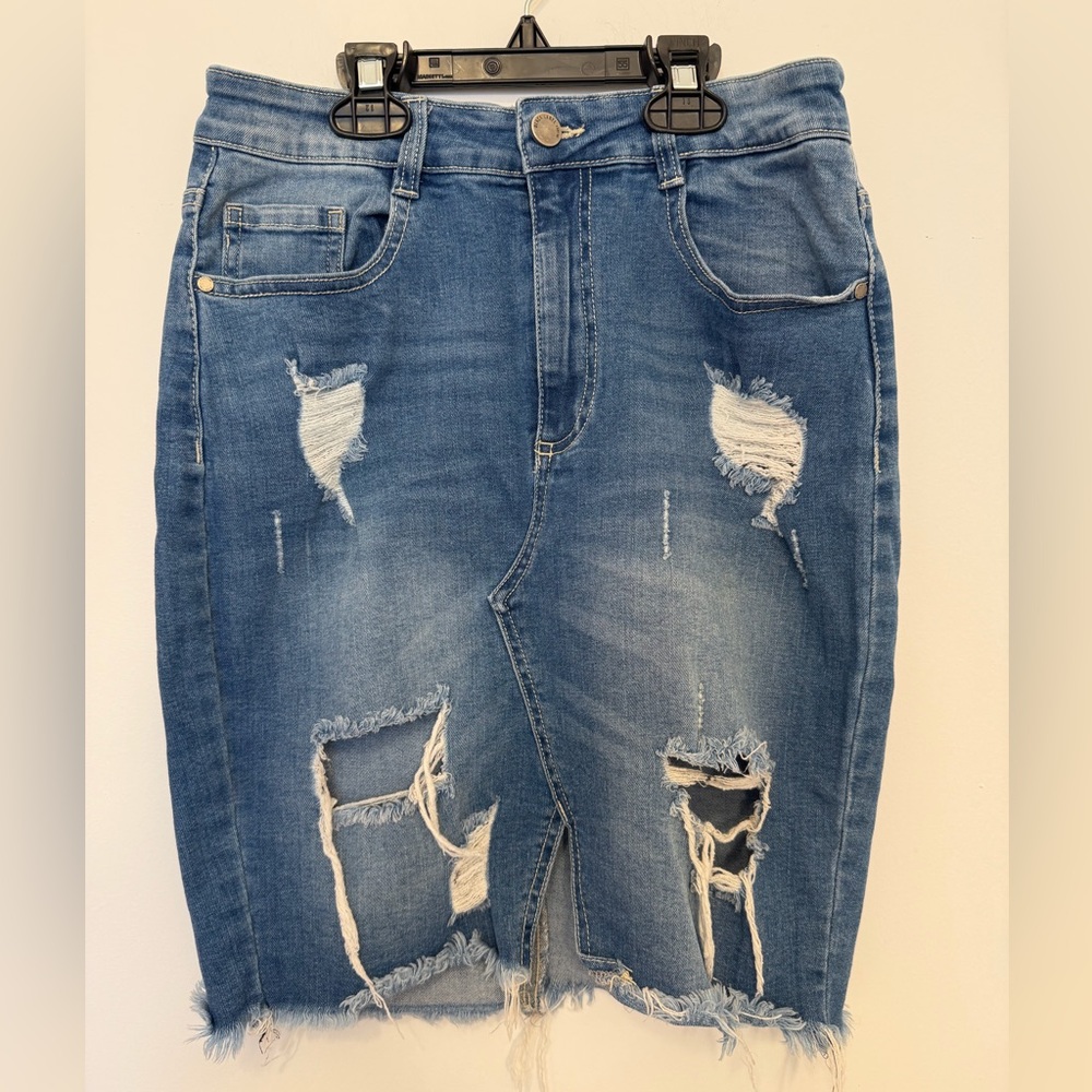 Black Label Womens Medium Distressed Denim Pencil Skirt Stretchy Stylish